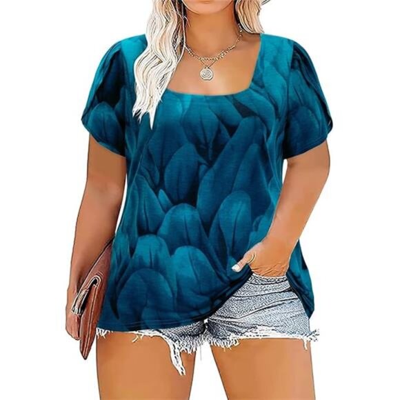 Women Short Sleeve Plus Size Tunics, Square Neck Tops Casual Loose Fit T Shirt - Picture 7 of 7